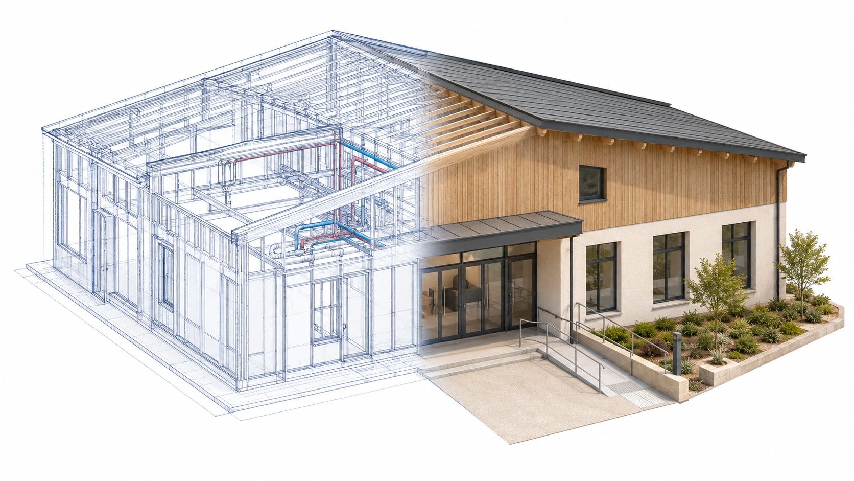 Maison des associations fictive passant de la maquette BIM au bâtiment